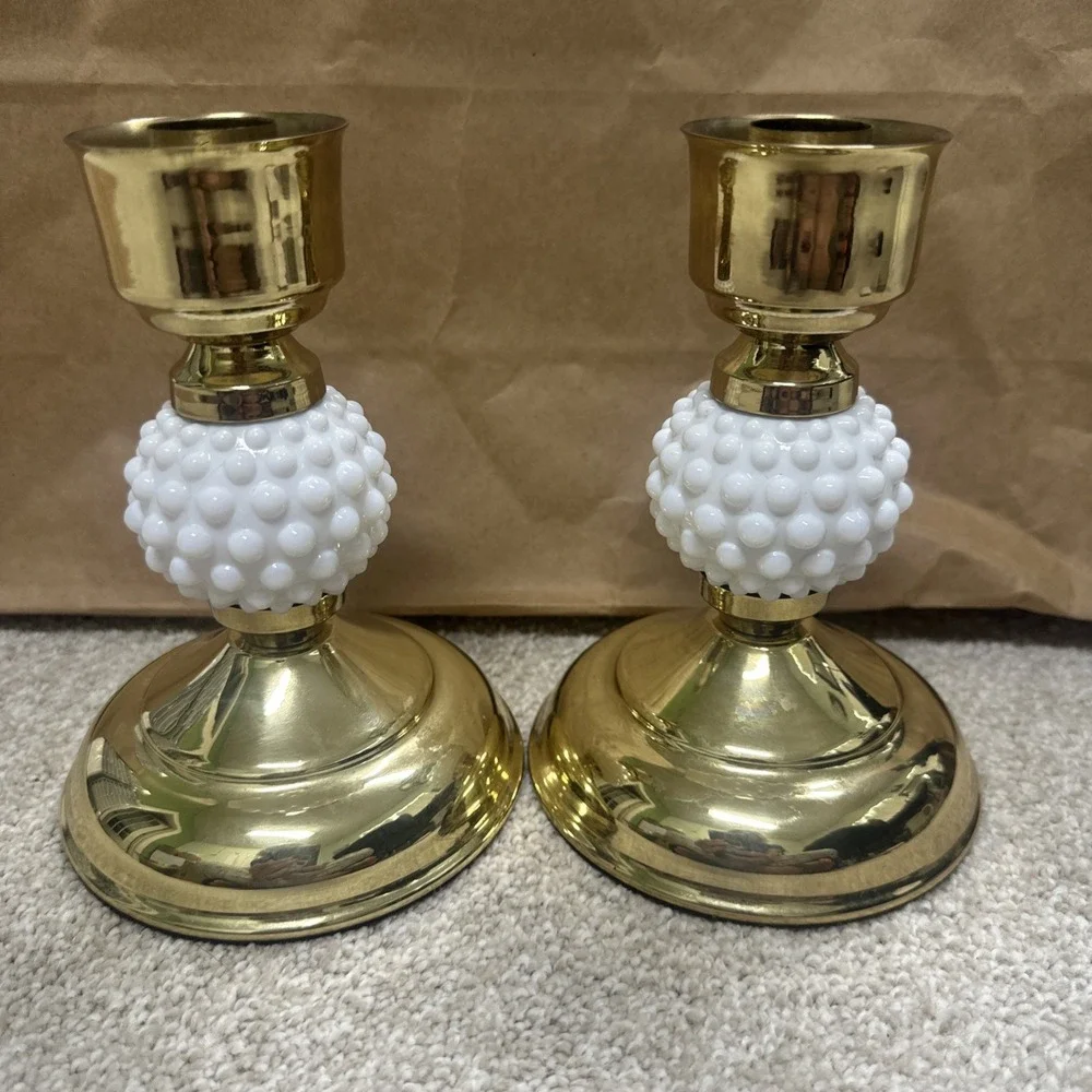 White Milk Glass Hobnail Brass Candle Candlestick Holders Vintage Pair Japan